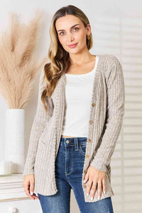 Thumbnail for Double Take Ribbed Button-Up Cardigan with Pockets